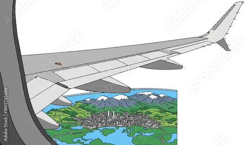 Airplane wing overlooks a vibrant city nestled between lush green hills and snow-capped mountains