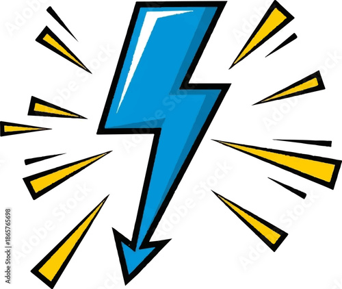 A vibrant blue lightning bolt emanates powerful yellow energy bursts against a stark white background