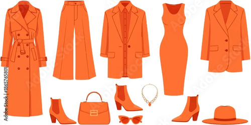 A collection of stylish orange clothing and accessories, including a trench coat, trousers, jacket, dress, boots, bag, necklace, hat, and sunglasses