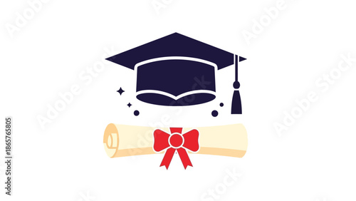 Graduation Cap and Diploma with Red Ribbon.