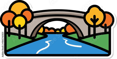 Autumnal scene with a bridge over a river, surrounded by colorful trees and green grass