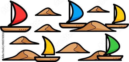 Colorful sailboats glide across stylized desert dunes