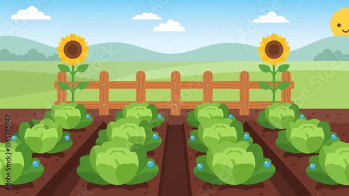 Cartoon illustration of a garden with cabbages and sunflowers.