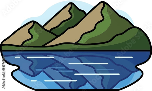 Stylized mountains reflected in calm blue water under a light blue sky