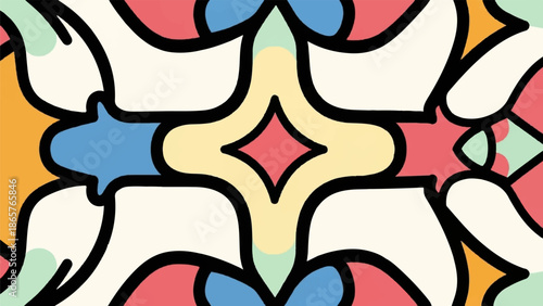 Geometric abstract pattern with bold colors and thick black outlines