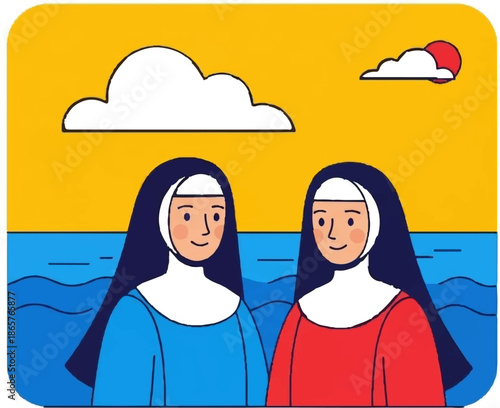 Two smiling nuns in vibrant robes stand before a bright yellow sky and blue sea
