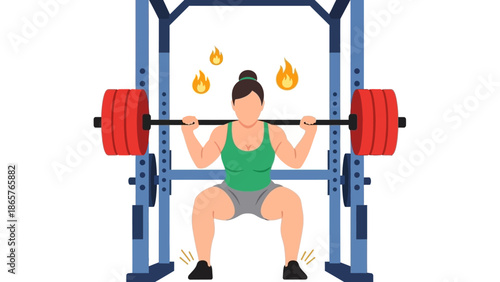 Woman performing a squat exercise with heavy weights and flames.