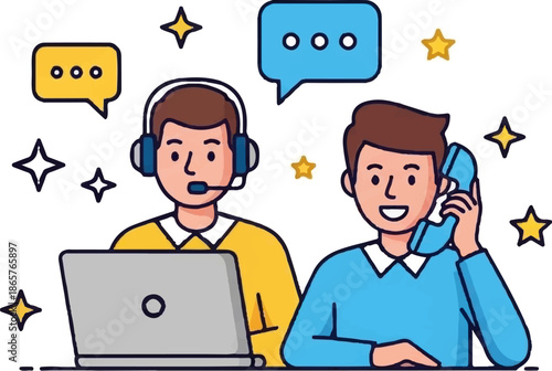 Two men with communication devices and laptop, stars around