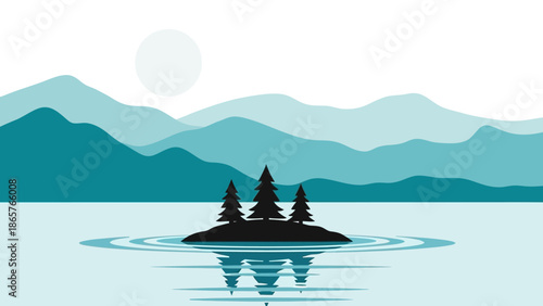 Serene lake landscape with island and mountains at dusk.