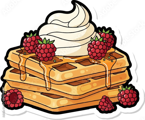 Stack of golden waffles drizzled with honey and topped with whipped cream and raspberries