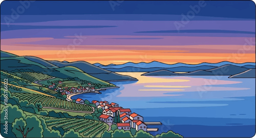 Pixelated coastal village nestled amidst rolling hills at sunset, with a calm sea