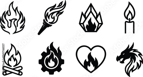 set of fire and flame icons in different shapes and forms