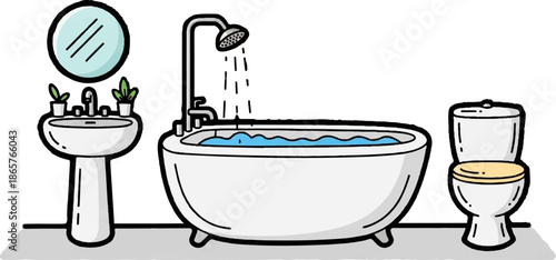 Cartoon bathroom with sink, tub, and toilet