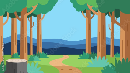 Serene forest landscape with a winding dirt path and trees.