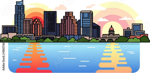 Stylized cityscape with diverse buildings, green trees, and a rainbow-hued sunset reflected on water