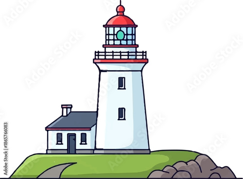 A cartoon lighthouse with a red cap, white tower, and a small attached building on a grassy hill