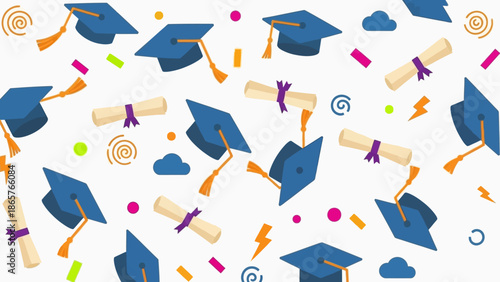 Graduation caps and diplomas pattern on white background.