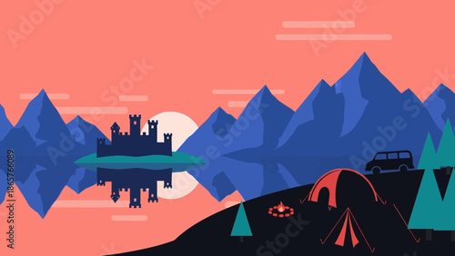 Camping in the mountains at sunset with a tent and a car.