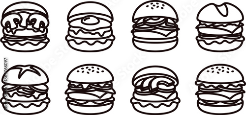 set of hand drawn burgers with different toppings and buns