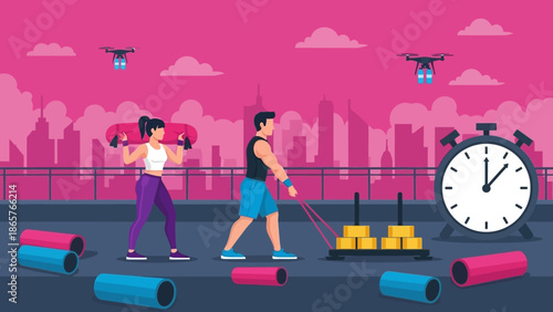 Couple Exercising Together Outdoors with Fitness Equipment.