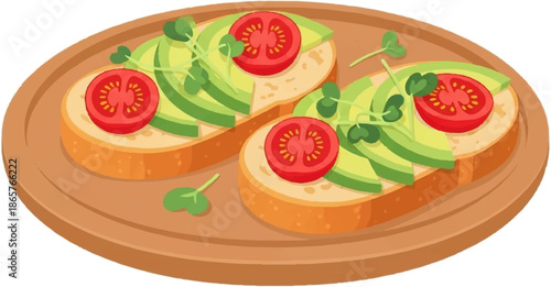 Two slices of toast topped with sliced avocado, tomato, and microgreens on a wooden board