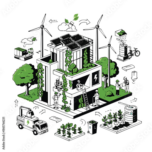 Sustainable Eco-Friendly Building with Renewable Energy Sources.