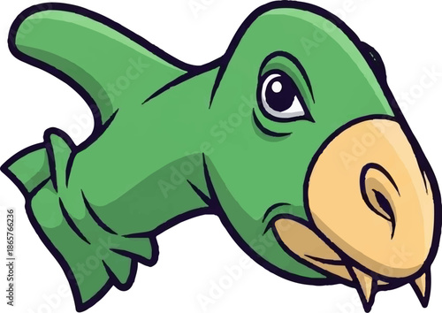 A cartoon green dinosaur head with yellow snout and sharp teeth