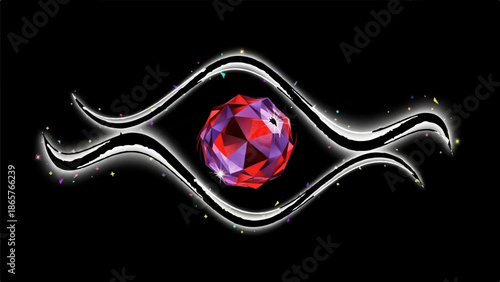 A polygonal gem glows with red and purple facets amidst swirling light and scattered confetti