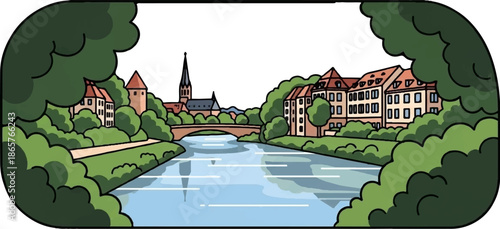 A charming river flows through a picturesque town framed by lush green trees and foliage