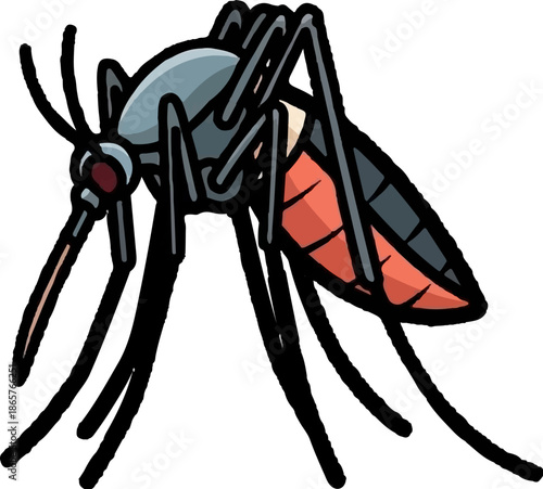 A detailed, stylized illustration of a mosquito with prominent red abdomen and slender legs