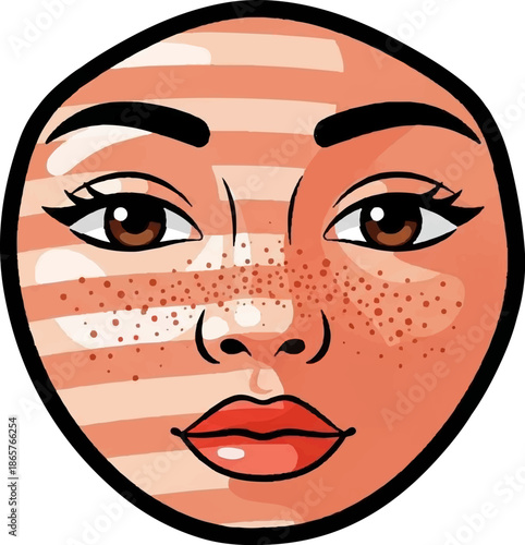 Cartoon face with orange stripes, freckles, and red lips