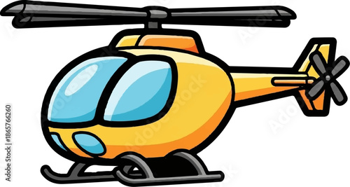 A yellow cartoon helicopter with blue windows and black rotor blades