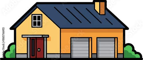Cheerful, simplified illustration of a two-story yellow and orange house with a dark blue roof