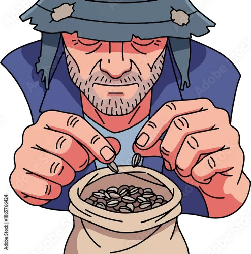 Weathered individual sorts beans from a burlap sack under a tattered hat
