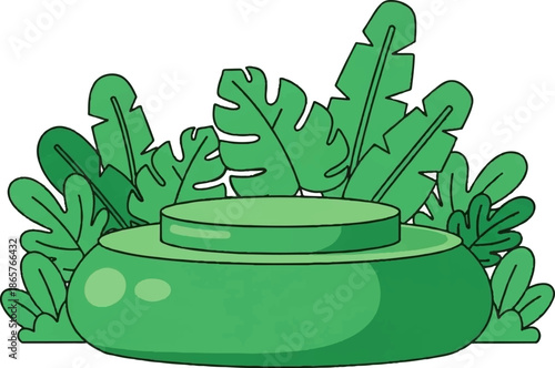 A green, multi-tiered circular platform is surrounded by lush, stylized green foliage