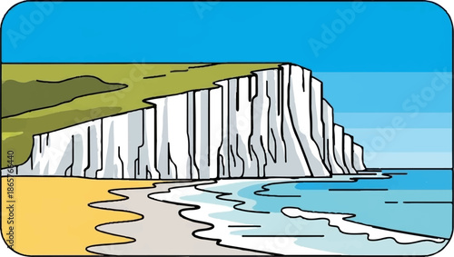 Coastal cliffs meet sandy shore and blue ocean under clear sky