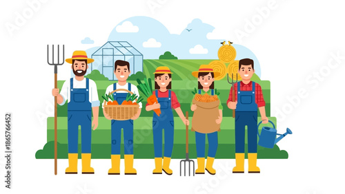 Group of gardeners working together in a lush green garden.