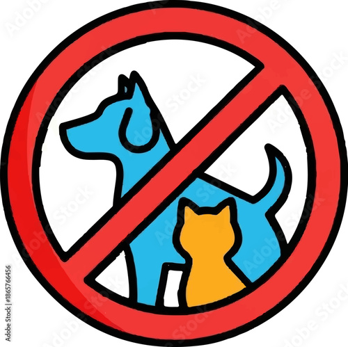 Red prohibition sign with blue dog and orange cat silhouettes inside