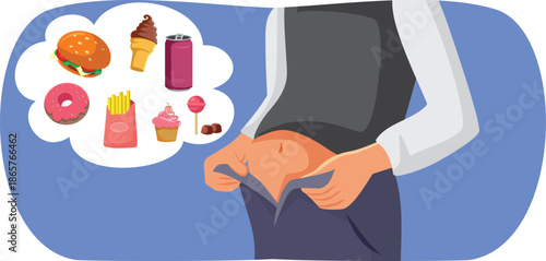 Person with Visceral Fat Problem Caused by Foods Vector Illustration. Man can not close his pants because eating too much processed foods