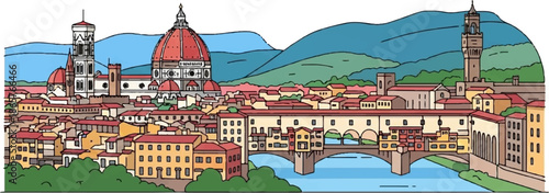 Stylized cityscape with a prominent domed cathedral and a medieval bridge over a river