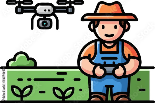 Farmer with drone overseeing crop growth in field