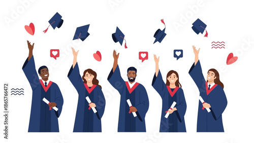 Graduation Day Celebration with Students Throwing Caps in Joy.