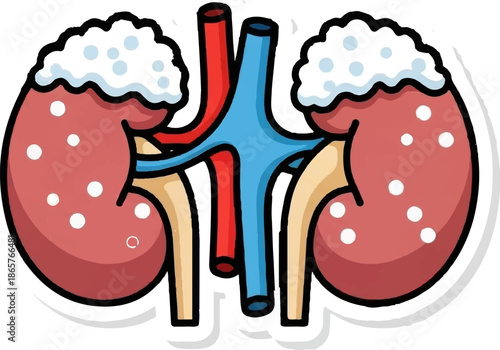 Stylized illustration of the human renal system, showing two kidneys connected to blood vessels