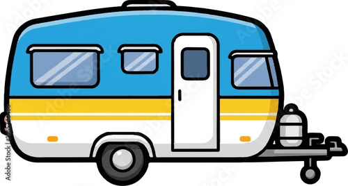 A cartoon trailer, blue and white with a yellow stripe, featuring windows and a door