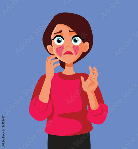 Woman Suffers Eczema on Her Face from an Allergy Vector Illustration.  Unhappy girl feeling bad about her skin problem due to allergic reaction
