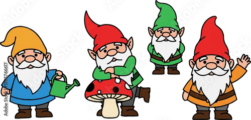 Four cartoon gnomes with pointy hats, beards, and colorful outfits, one holding a watering can