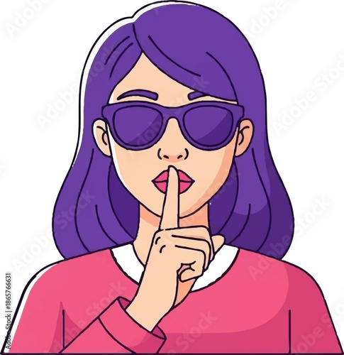 A woman with purple hair and sunglasses, gesturing for silence with a finger over her lips