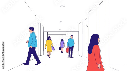 People walk through a modern, minimalist interior hallway with clean lines