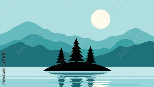 Serene lake landscape with island and mountains at dusk.