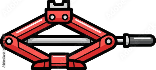 Red scissor jack with crank, ready for lifting heavy loads